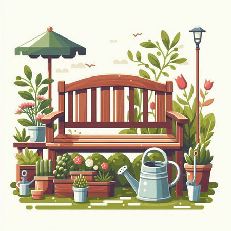 Wooden bench with garden tools. Vector illustration in flat style.のイラスト素材
