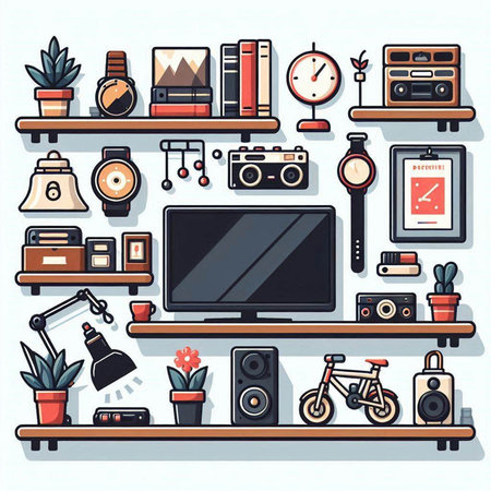 Flat design vector illustration of home interior with furniture and accessories.のイラスト素材