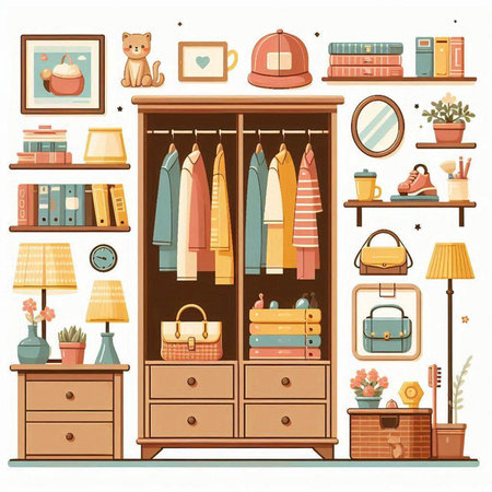Wardrobe with furniture and accessories. Vector illustration in flat style.のイラスト素材