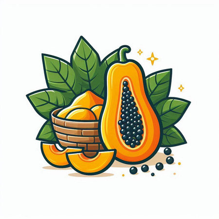 Papaya fruit in cartoon style. Vector illustration isolated on white background.のイラスト素材