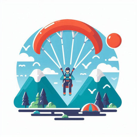 Paraglider landing in the mountains. Flat vector illustration.のイラスト素材