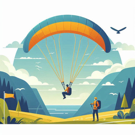 Paraglider in the mountains. Vector illustration in flat styleのイラスト素材