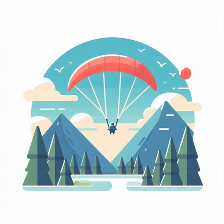 Paraglider flying in the sky over the mountains. Vector illustrationのイラスト素材