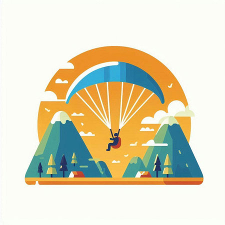 Paraglider flying over the mountains. Flat style vector illustration.のイラスト素材