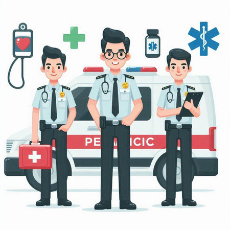 Medical team of doctors and nurses standing near ambulance car. Vector illustrationのイラスト素材