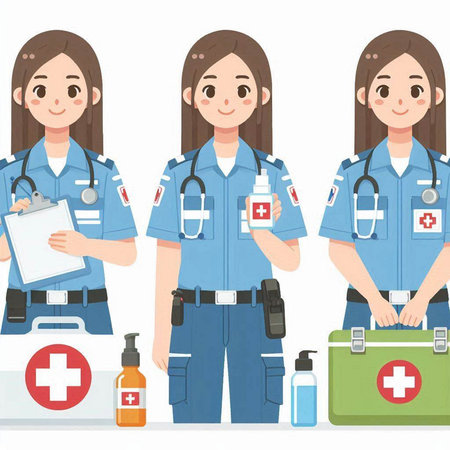 Illustration of a female paramedic holding a first aid kit.のイラスト素材