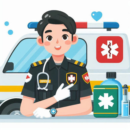 Male paramedic in uniform on the background of ambulance. Vector illustrationのイラスト素材