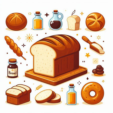 Bread and bakery icons set. Vector illustration in cartoon style.のイラスト素材