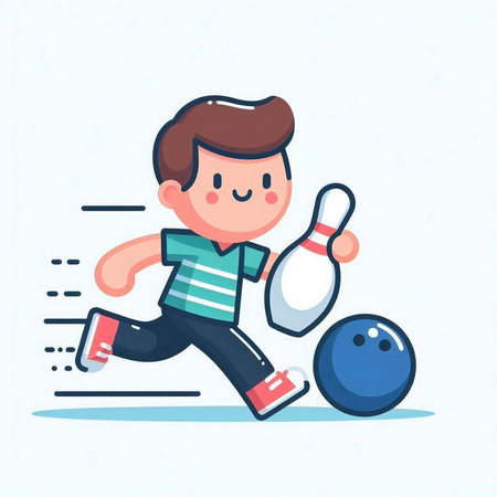 Little boy playing bowling. Cute cartoon character. Vector illustration.のイラスト素材