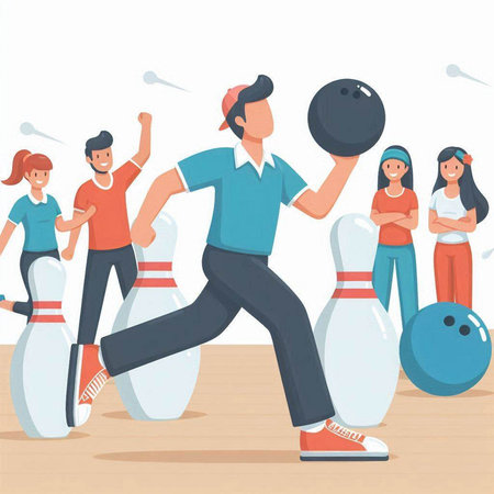 People playing bowling vector illustration. Cartoon men and women in sport club. Teamwork and leisure activity.のイラスト素材