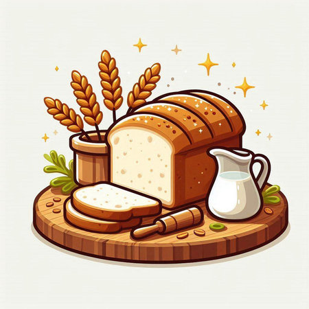 Illustration of a loaf of bread, milk and wheat ears.のイラスト素材