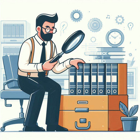 Businessman with a magnifying glass on his head. Vector illustration.のイラスト素材