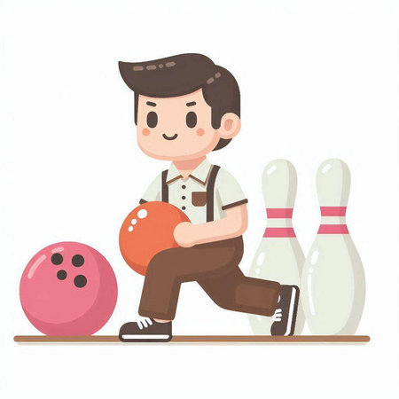 Illustration of a little boy playing bowling. Vector illustration in cartoon style.のイラスト素材