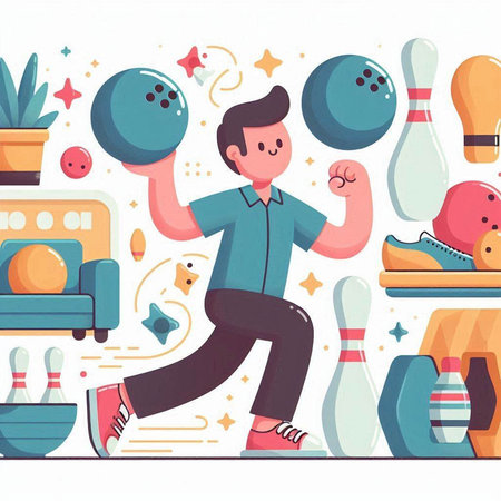 Man playing bowling flat vector illustration. Cartoon man in sportswear doing sport activity.のイラスト素材