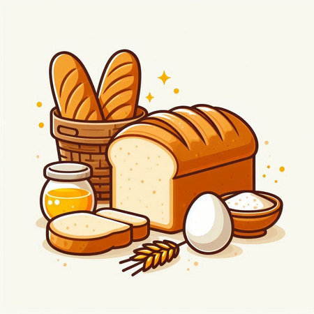 Illustration of bread, eggs, honey and wheat. Vector illustration.のイラスト素材