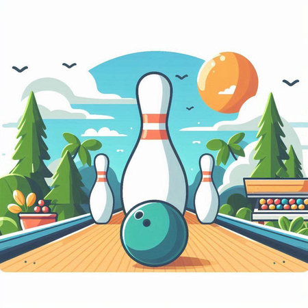 Bowling ball and skittles on the bowling alley. Vector illustration.のイラスト素材