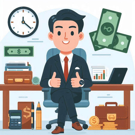 Businessman sitting in the office and showing thumbs up. Vector illustrationのイラスト素材