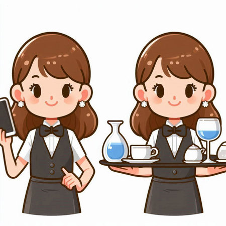 Waitress holding a tray of coffee and a phone. Vector illustration.のイラスト素材