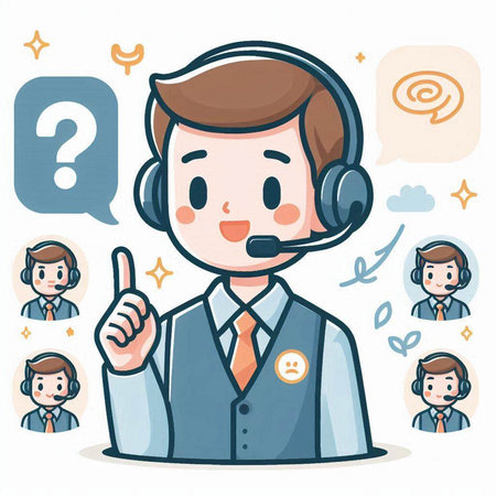 Call center operator with customer service icons. Vector illustration in cartoon style.のイラスト素材
