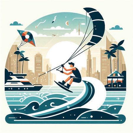 Kitesurfing on the beach. Vector illustration in flat styleのイラスト素材