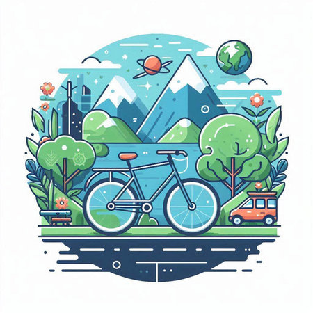Bicycle in the mountains. Vector illustration in a flat style.のイラスト素材