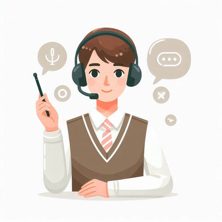 Call center operator with headset and microphone. Flat style vector illustration.のイラスト素材