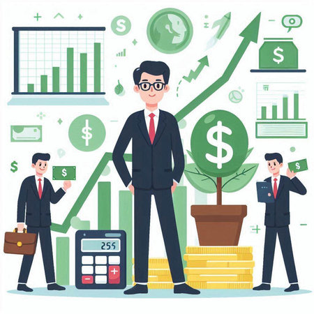 Businessman standing with stack of coins. Vector illustration in flat styleのイラスト素材