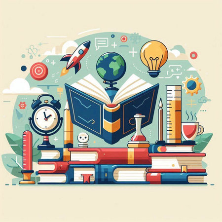 Vector illustration of education concept with books, globe, clock, flask and rocket.のイラスト素材