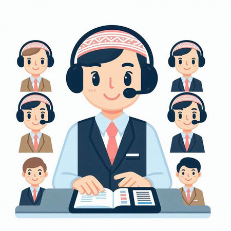 Call center operator with headset and customer service staff. Vector illustration.のイラスト素材