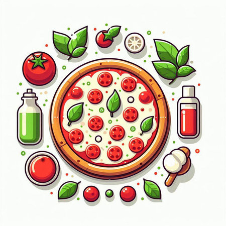 Pizza with tomato, mozzarella and basil. Vector illustration.のイラスト素材