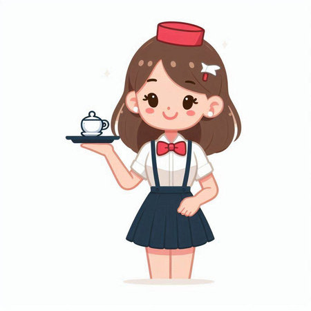 Cute little waitress holding tray with coffee cup. Vector illustration.のイラスト素材