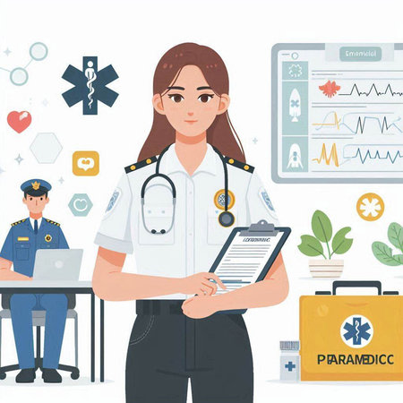 Female doctor with stethoscope and laptop. Vector illustration in flat styleのイラスト素材