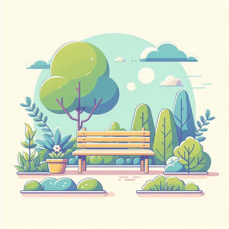 Vector illustration of a park with bench and trees in flat style.のイラスト素材
