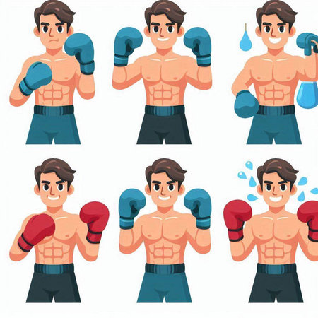 Vector illustration of a set of male boxer in different poses and actions.のイラスト素材