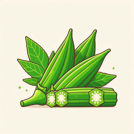 Illustration of okra with leaves in cartoon style. Vector illustration.のイラスト素材
