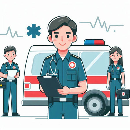Ambulance and paramedic in uniform. Vector illustration in cartoon styleのイラスト素材