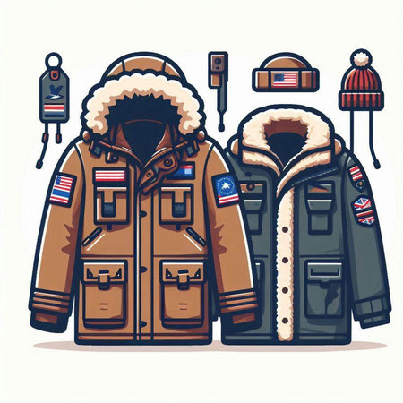 Vector illustration of a set of warm winter jackets in cartoon style.のイラスト素材