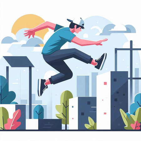 Man jumping in the city. Vector illustration in flat cartoon style.のイラスト素材