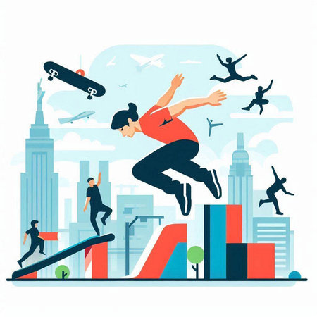 Vector illustration of man jumping in the air on the background of buildings and skyscrapersのイラスト素材