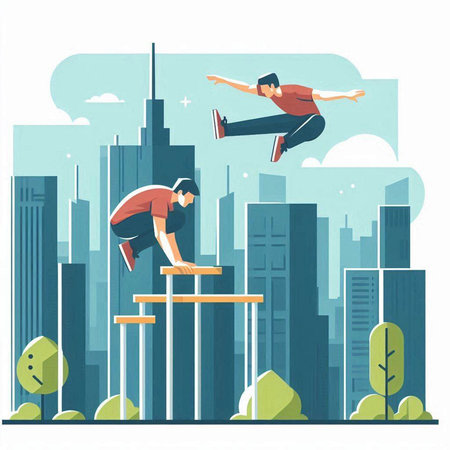 Man jumps over obstacles in city, flat vector illustration isolated on white background.のイラスト素材