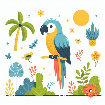 Cute parrot on the background of tropical plants. Vector illustrationのイラスト素材