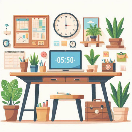 Office workplace with computer. Vector illustration in flat design style. Workplace with desk, chair, plant, clock, books and other items.のイラスト素材