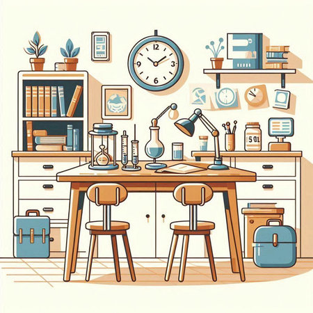 Vector illustration of a school office interior with bookshelf, table, chairs, bookshelf, desk lamp, briefcase and clockのイラスト素材