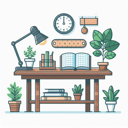 Flat design modern vector illustration concept of home office workspace. Workspace with desk, books, lamp, potted plants and clock.のイラスト素材