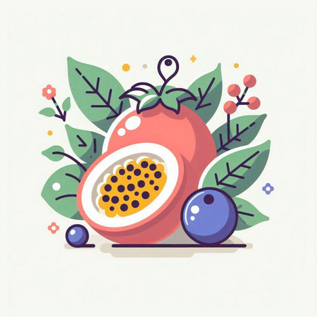 Passion fruit and blueberry vector illustration in flat cartoon style.のイラスト素材