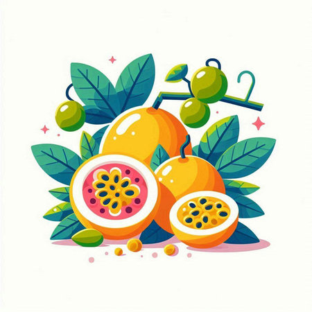 Passion fruit with green leaves on white background. Vector illustration.のイラスト素材