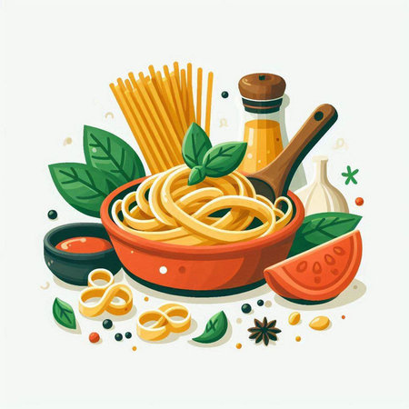 Spaghetti with basil, tomato, olive oil and spices. Vector illustration.のイラスト素材
