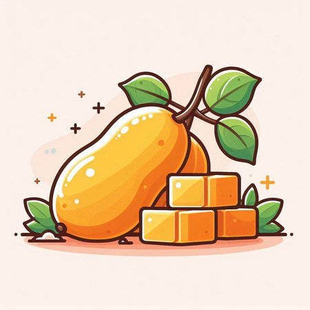 Mango fruit with cubes and leaves. Vector flat cartoon style illustration.のイラスト素材