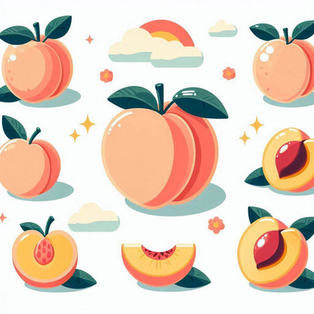 Peach fruit set. Vector illustration in flat cartoon style on white background.のイラスト素材