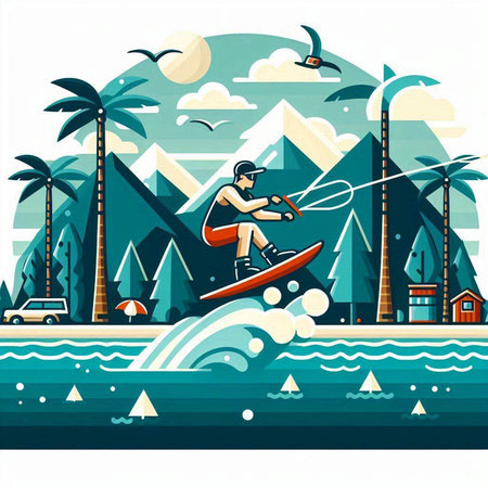 Vector illustration in flat style of a man riding a wakeboard on the seaのイラスト素材